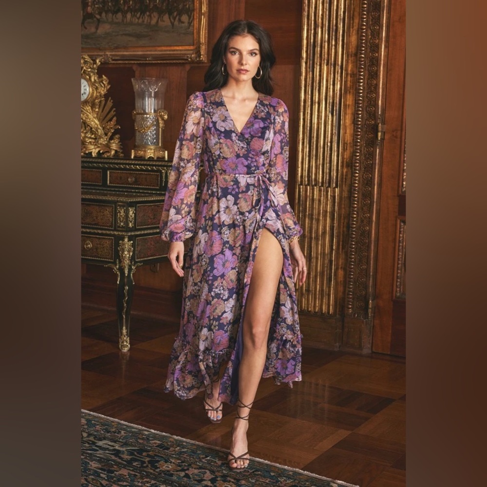 Purple floral print long sleeve wrap maxi dress
